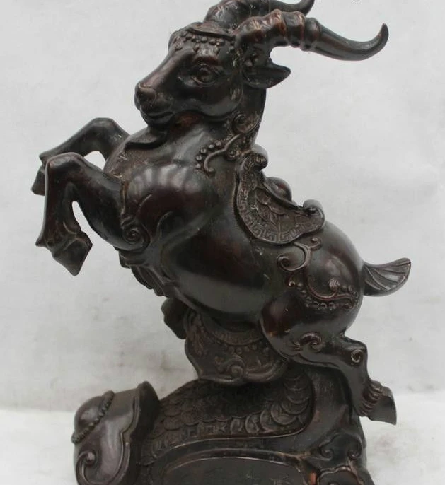 

13"China Chinese Folk Bronze Lucky Money drawing Ruyi Sheep Statue sculpture