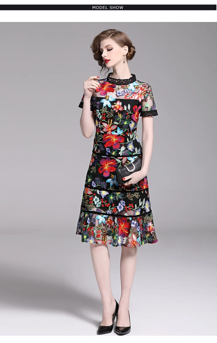 Роскошное женское вышитое Сетчатое платье летнее винтажное платье с коротким рукавом элегантное платье с воротником-стойкой