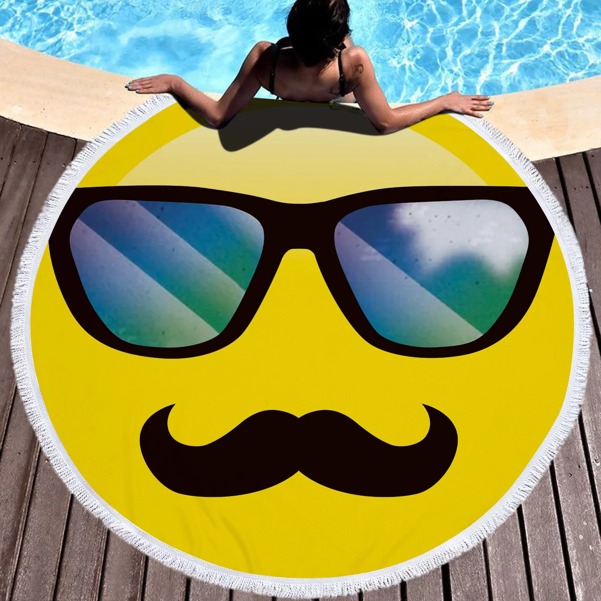 Us 1282 47 Offcute Funny Microfiber Round Beach Towel Emoji Creative Beach Blanket Towel Printed Oversized Fringe Tassels Toalla Microfibra In
