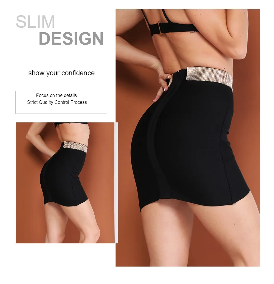 INVOGUE. IMVOGUE Новое поступление Изящные бриллианты дизайн высокая Талия Bodycon сплошной цвет повязки мини юбка