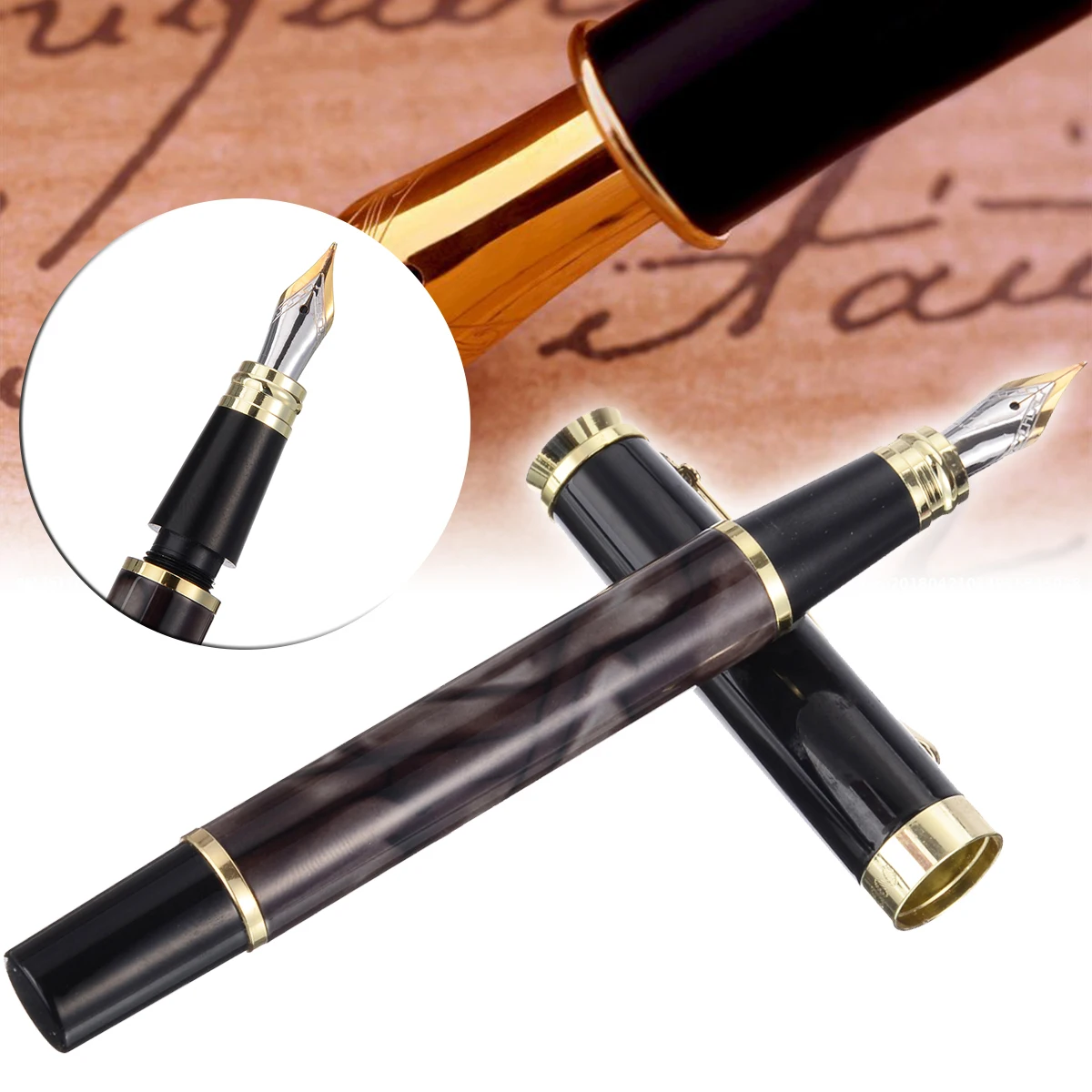 1 Piece Black Gold Medium Nib Fountain Pen Marbled Grain Standard Ink Fountain Pen Golden Clip School Office Student Supplies