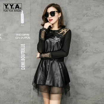 

Sweet Girls A-Line Dress 2020 New Long Sleeve Petal Sleeve Hollow Mini Dress Vestidos Lace Slim Robe Femme Fake Two Pieces Mesh