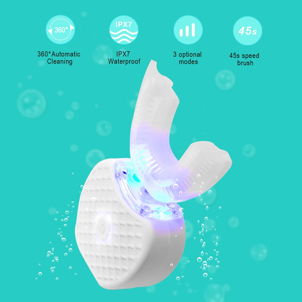 

360 Degree Electric Toothbrush Sonic Automatic Tooth Brush Blue Cold Light Intelligent Silicone Toothbrush U Shape TeethBrush