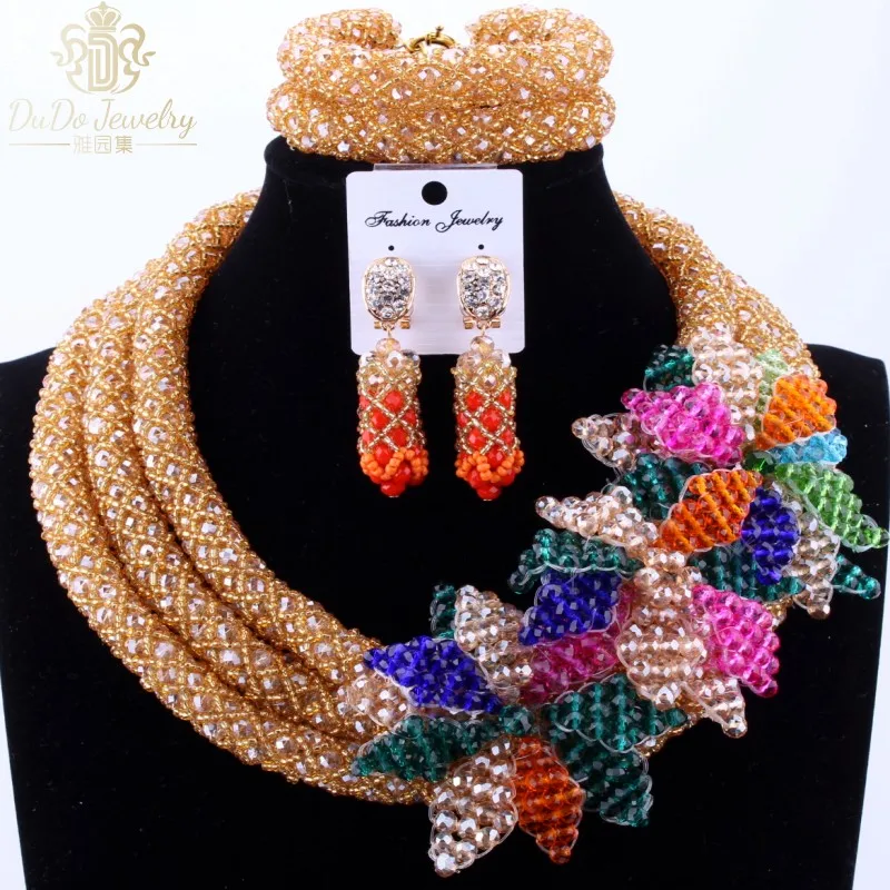 2017 Trendy Gold African Nigerian Wedding Beads Flowers Fine Jewelry Set Copper Earrings 3 Layers / Layered Ladies Necklace Sets | Украшения