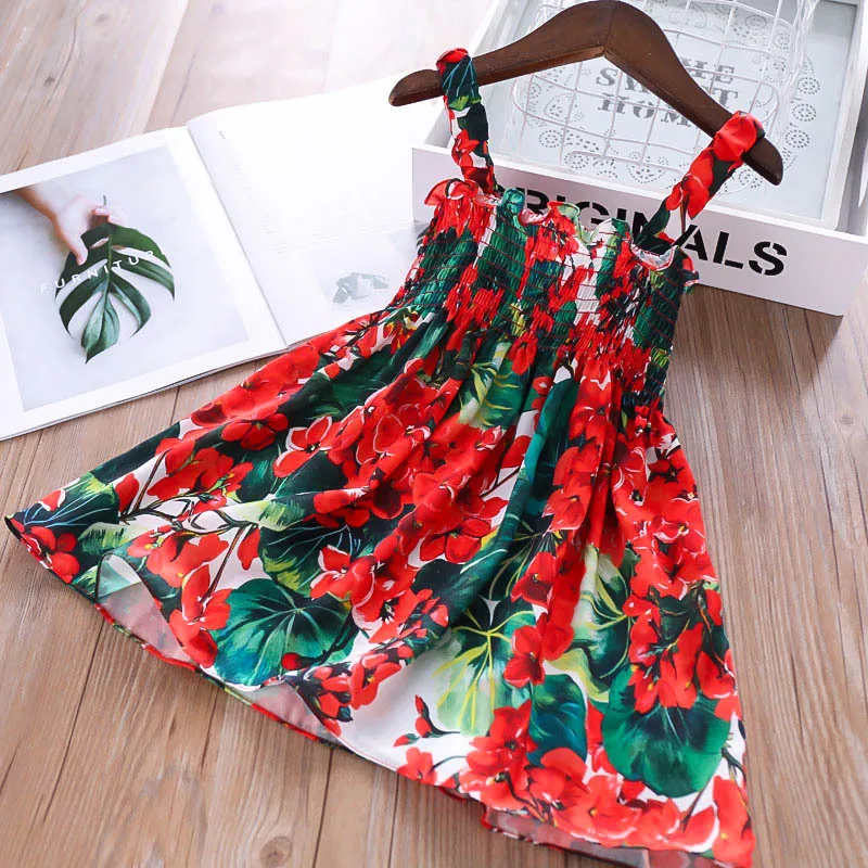 

Summer Girl Dress Printed Colorful Flowers Green Leaf Wholesale