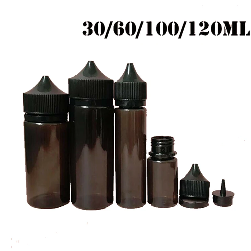 

10pcs 30ml/60ml/100ml/120ml Empty Black PET e juice Bottle Vape Dropper Bottles Childproof Cap liquid Cig Oil fill Containers