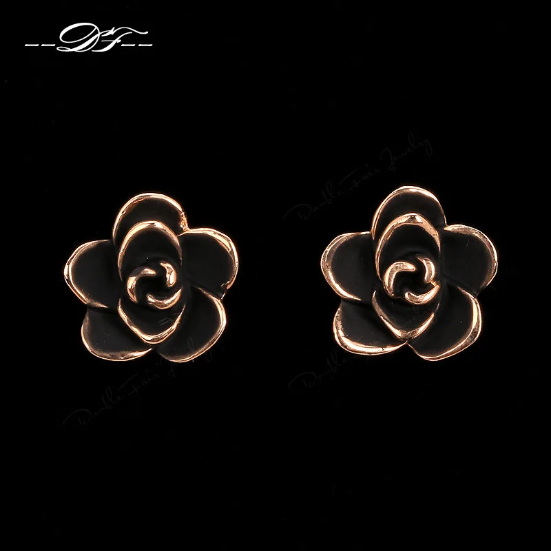 

Black Flowers Crystal Party Stud Earrings Rose Gold Color Fashion Brand Cubic Zirconia Jewelry Wholesale For Women DFE510