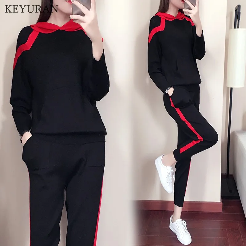

Women Spring Autuumn Knitted Sets Ladies Hooded Patchwork Sweater Tops + Knit Pocket Pants Female Fashion Casual Suits L2230