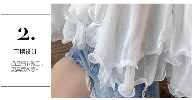 Летняя женская шифоновая блузка, Корейская однотонная богемная белая черная Праздничная рубашка с оборками, топы для женщин