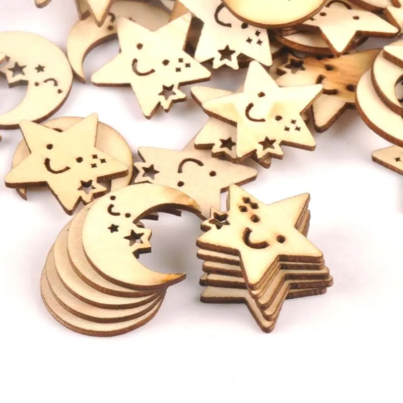 

24-27mm 25Pcs Wooden Ornament Moon And Star Pattern For DIY Crafts Scrapbook Accessories Handmade Wood Slices Home Decor M1704