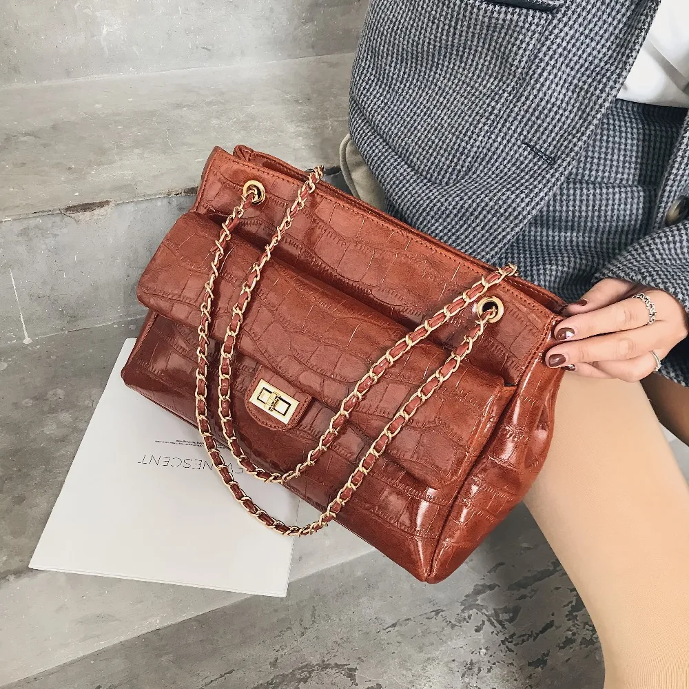 

Stone pattern Leather Shoulder Bags For Women 2018 Chain Big Handbags and Purses Solid Color Crossbody Bag Female High Capacity