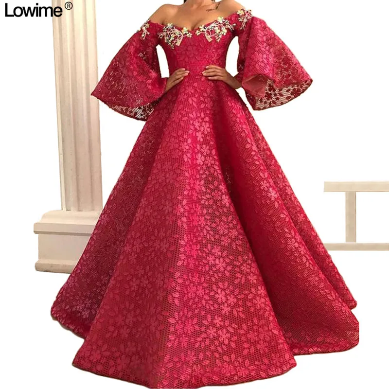 Long Bell Sleeves A-Line Dubai Prom Evening Dresses Appliques Lace Robe De Soiree Sweep Train Avondjurk 2018 Vestidos