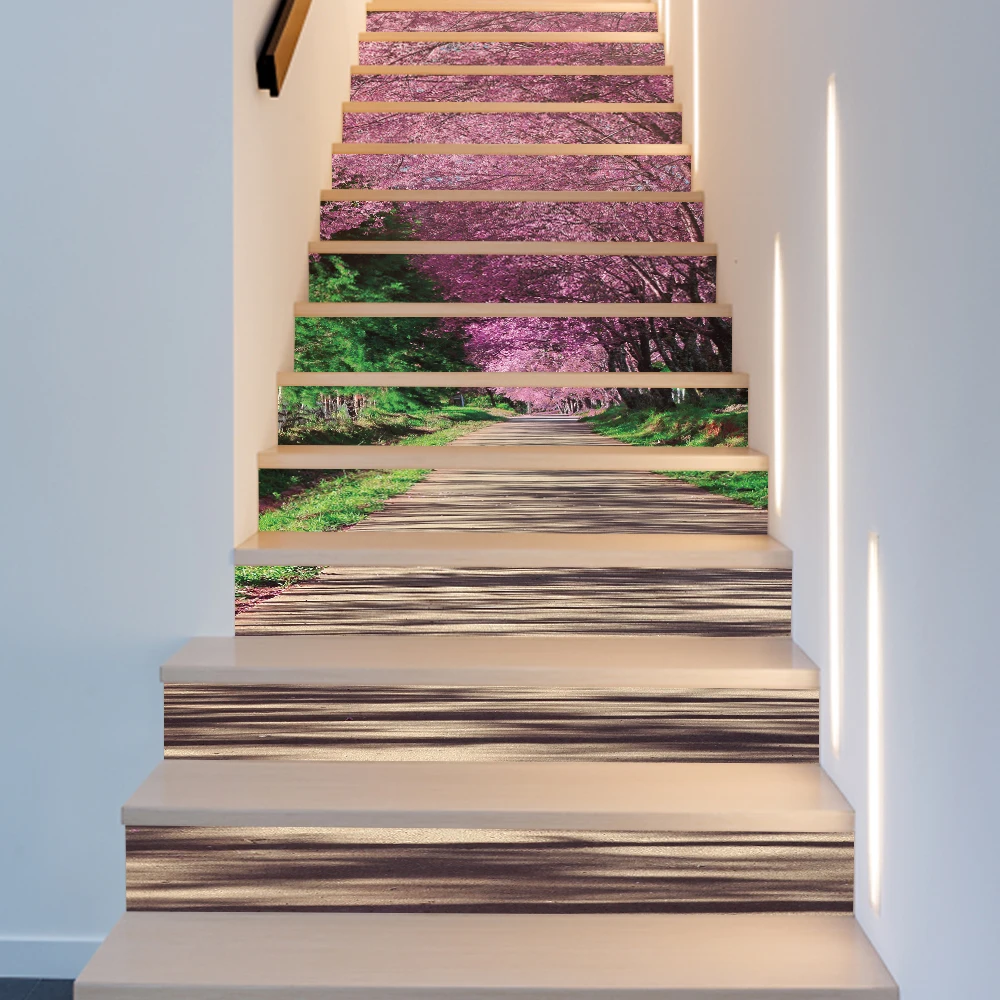

13 Pieces/Set Sakura Trail Wallpaper Mural Stair Decal Natural Landscape Creative Corridor Floor Sticker Passageway Covering