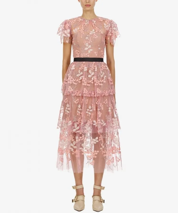 

Luxury Dress Women Runway Designers High Quality Multi Layer Sheer Mesh Dress Embroidery Flower Summer Midi O Neck Robe Femme