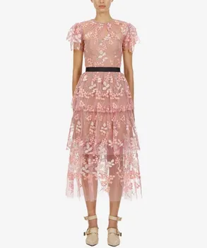 

Luxury Dress Women Runway Designers High Quality Multi Layer Sheer Mesh Dress Embroidery Flower Summer Midi O Neck Robe Femme