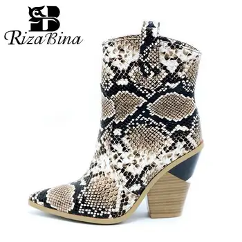 

RIZABINA Plus Size 33-46 2019 British Style High Heels Ankle Boots Winter Fur Women Shoes Slip On Snake Western Cowboy Boots