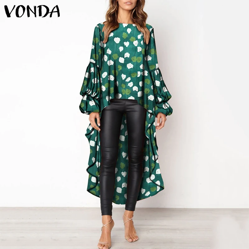 Женские блузки размера плюс, VONDA, винтажные сексуальные длинные топы с рукавом-фонариком и асимметричным подолом, повседневные рубашки с длинным рукавом, Femme Blusas