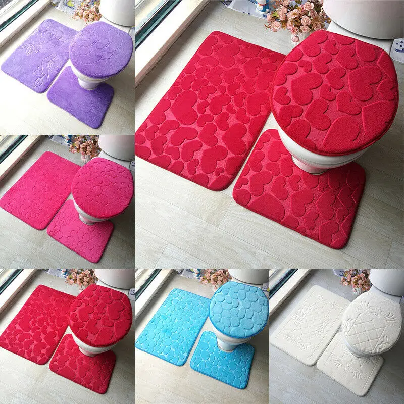 

3PCS Bathroom Non-Slip Pedestal Rug + Lid Toilet Cover + Bath Mat Washable Set Decoration