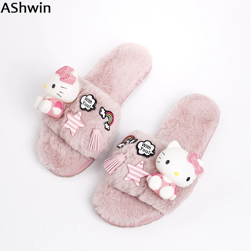 Baratos AShwin invierno otoño nieve zapatillas piel faux mujeres slides dibujos animados zapatillas casuales felpa piel peluda zapatilla dormitorio piso zapatos planos