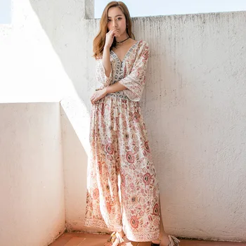 

2020 Women's Clothing Full Length Jumpsuits V-neck Lace Up Backless Vacation Bodysuits Summer Loose Beach Wide Leg Fashion Suits