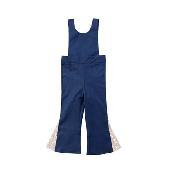 

2-7Y Toddler Kids Sleeveless Backless Denim Romper Baby Girl Lace Patchwork Wide Leg Bib Pant One Pieces Playsuit Summer Clothes