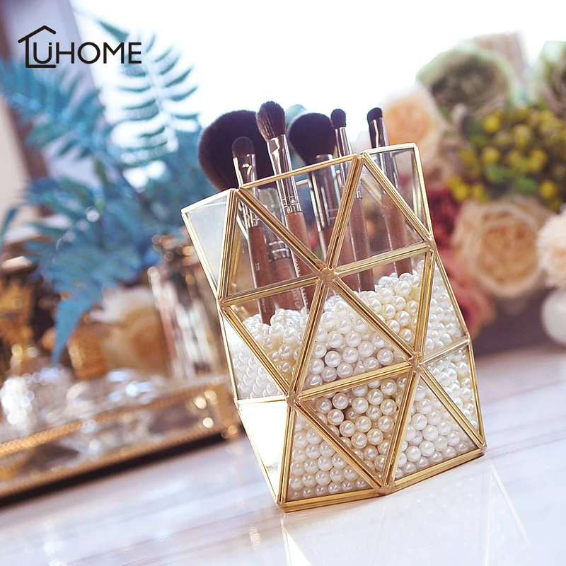

New Triangular Geometry Glass Box Makeup Brushes Holder Pencil Bucket Makeup Organizer Pen Storage Box Transparent Brushes Cup