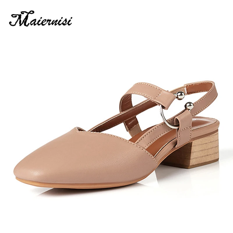 

MAIERNISI 4cm Low-heel High Heels Women Sandals Pointed Toe Summer Female Shoes Apricot Party Wedding Shoes Pumps