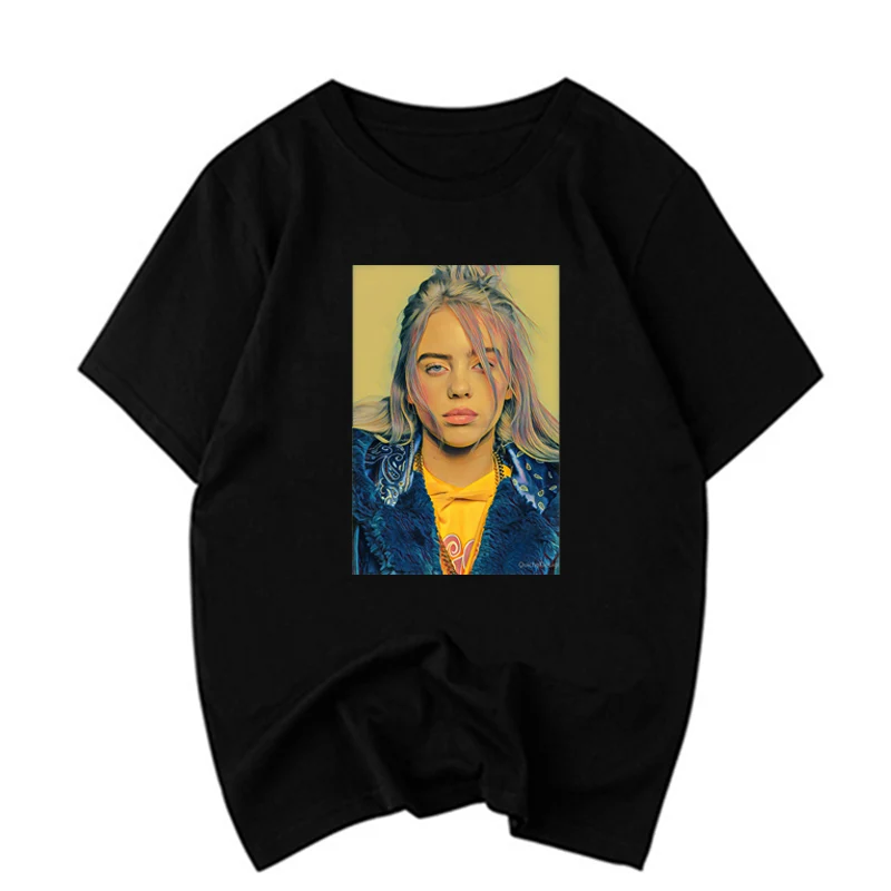 black Billie Eilish футболка с изображением глаз океана Мужская мода Billie Eilish портретная черная хлопковая с круглым вырезом Уличная Повседневная футболка высокого качества - Цвет: black