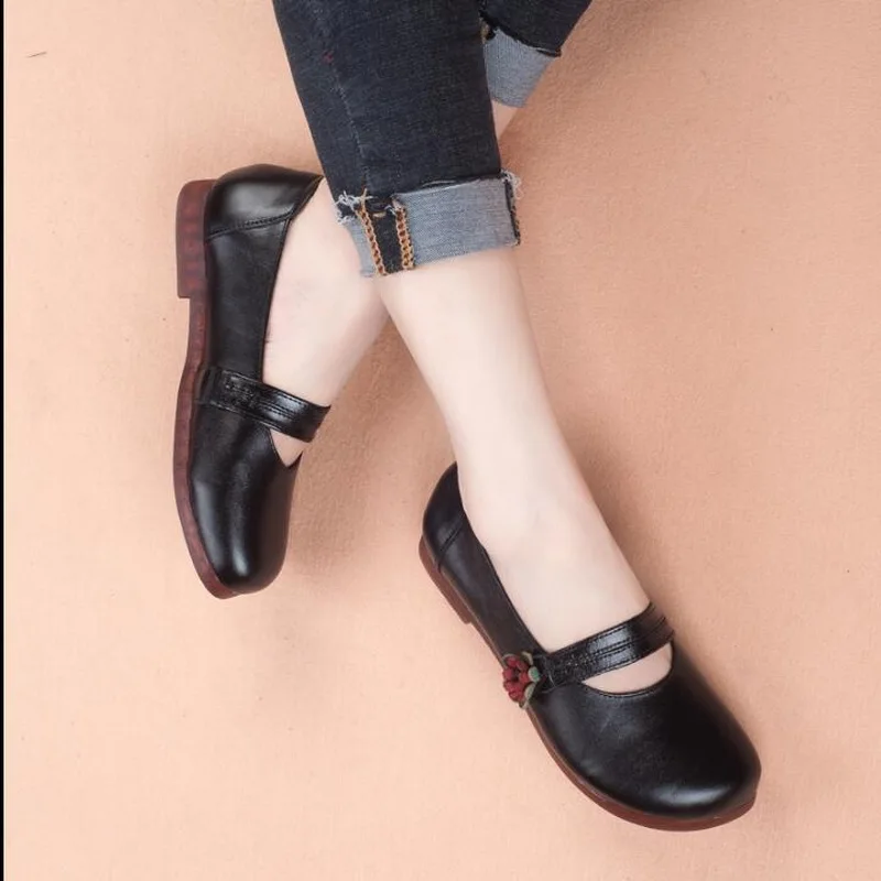 À Main Enceintes Rond Chaussures Femmes pu 2018 Fond Noir En Mary Véritable Automne Cuir Plates Rétro Ciel Appartements Bout La Mou Mère jaune Jane wfSqxzqP