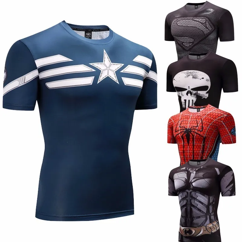 كابتن أمريكا الاجسام ضغط قميص الرجال أنيمي rashgarda mma rashguard المعاقب crossfit 3d سوبرمان تي شيرت