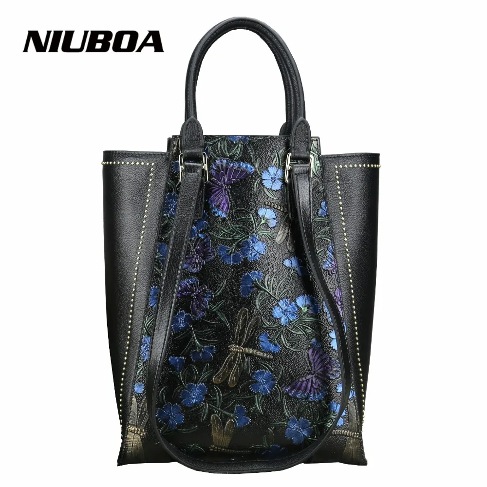 Niuboa Пояса из натуральной кожи модные женские туфли Сумки ковша Tote Сумки через плечо Тиснение цветы теплые леди посланник Сумки на плечо