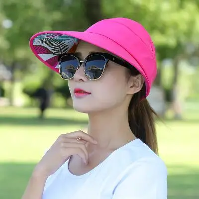 Хит, 1 шт, женские летние солнцезащитные шляпы, жемчужные, складывающиеся, солнцезащитный козырек, шляпа с большими головами, с широкими полями, пляжная шляпа, женская кепка с защитой от ультрафиолета - Цвет: Rose red