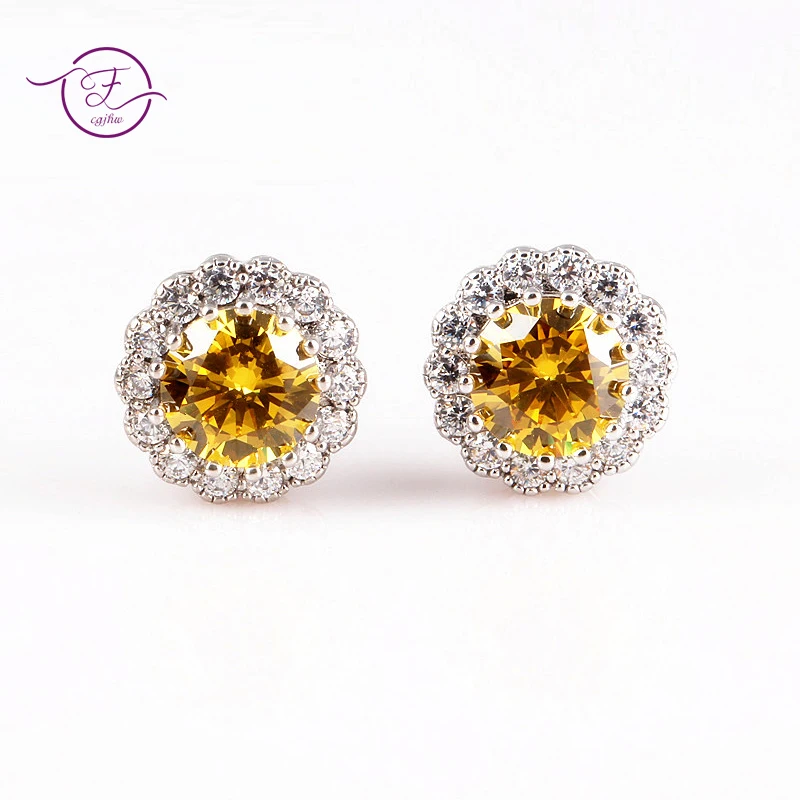 

Sterling Silver 925 Stud Earrings for Women Fine Jewelry Citrine Fireworks Cut Yellow Green Red Wedding Engagement Party Gift