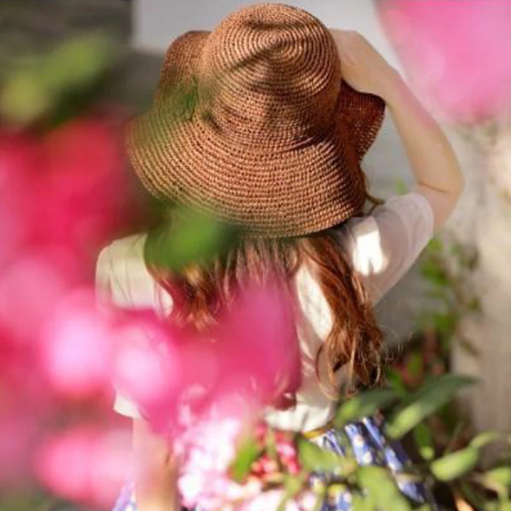 النساء أزياء الصيف القش جديلة الشمس شاطئ قبعة واسعة حافة المضادة للأشعة فوق البنفسجية الشمس تنفس طوي Topee سانكير