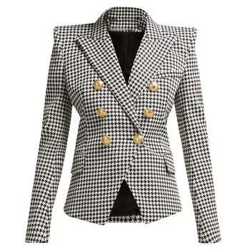 

High Quality Plaid Jackets Blazer Woman Gold Button Metal lions Double Breasted Slim Fit Short Style Female Jackets 1881