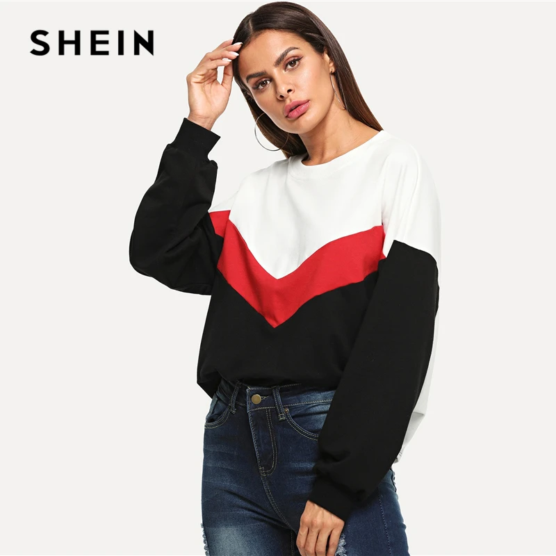 

SHEIN Multicolor Preppy Elegant Color Block Round Neck Tunic Casual Pullover Sweatshirt 2018 Autumn Minimalist Women Sweatshirts