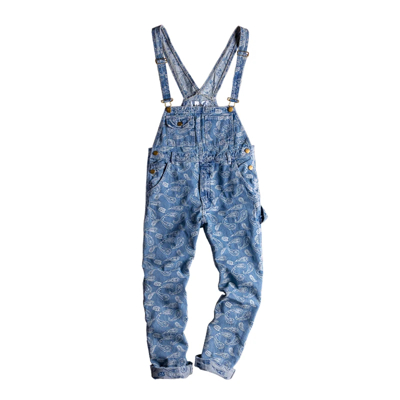 

2019 European and American streets Hip Hop Washed Light blue Cashew Flower Embroidery Loose HIP-HOP Bib Men and Women jeans