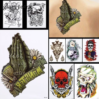 

8 Pieces Skull Pattern Design Tattoo Sticker Hand Bone Feather Decal Temporary Woman Man Back Body Art Tattoo Sticker Cool HB#24