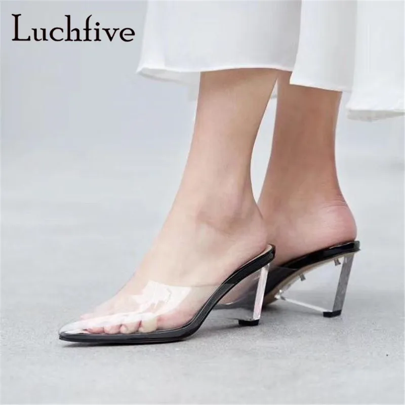 

New style clear heels women slippers sexy wedges pointy toe transparent shoes elegant outwear fashion summer shoes woman