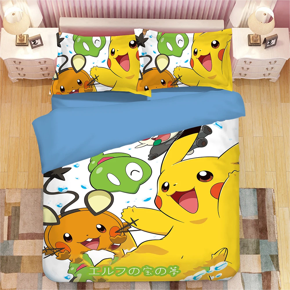 Full Size Pokemon Bedding Set Pikachu Duvet Bed Sheet Cover 2x Pillow Cases