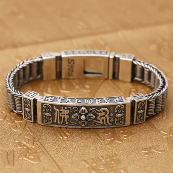 

S925 Sterling Silver Buddha Word Six Words Mantra Hand-woven Thai Silver Retro Diamonds Silver Men And Women Bracelet Homme