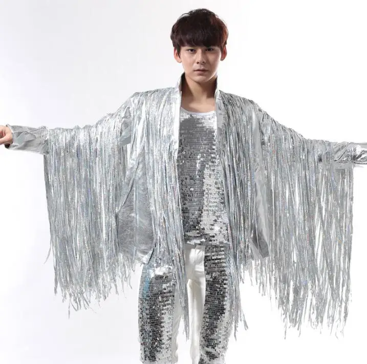 Slim fit men blazer 2017 designs punk tassel silver stage