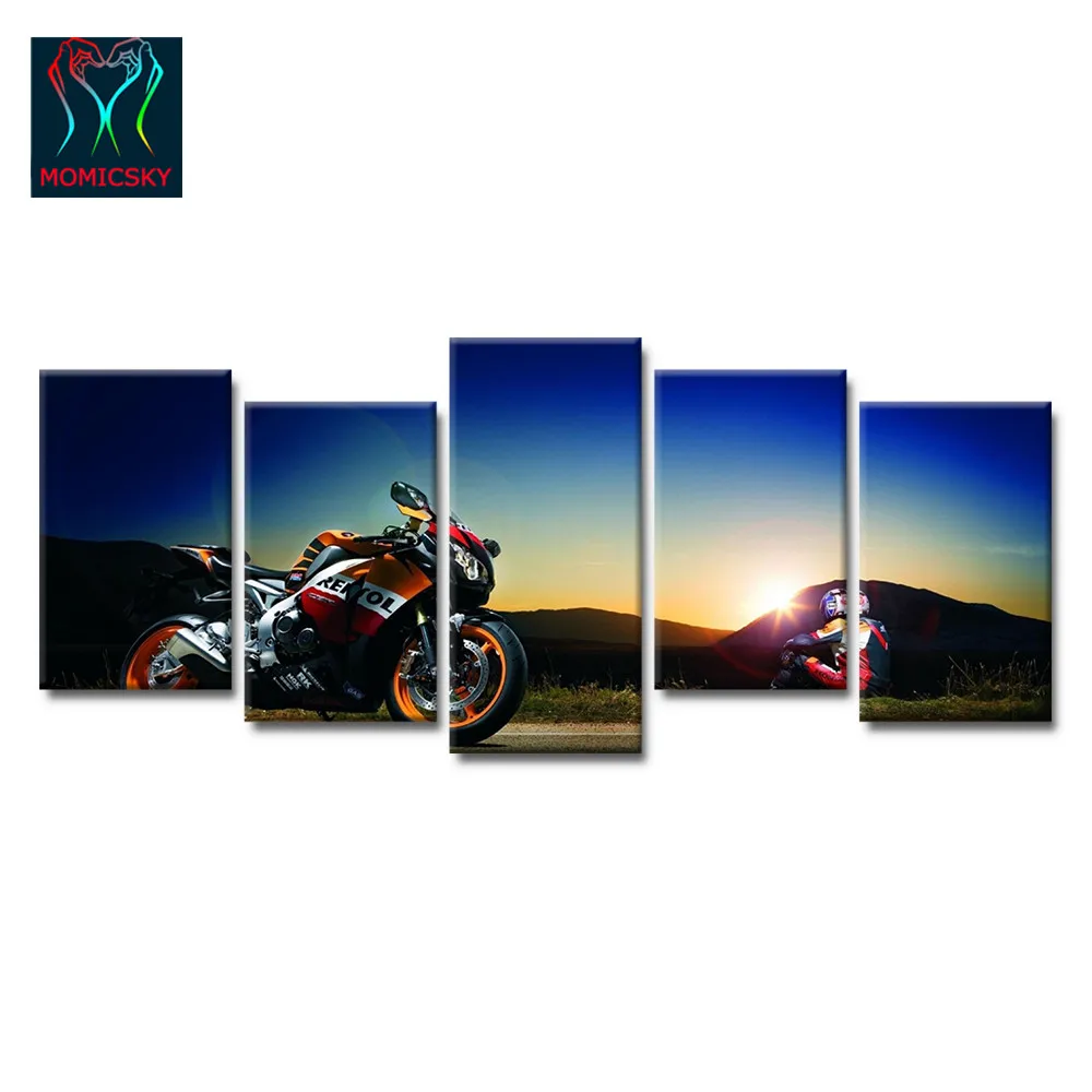 Modern home decor canvas poster 5 module picture motorcycle sunset riders posters HD printed on for the living room wall | Дом и сад