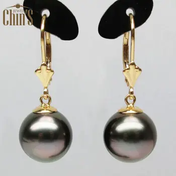 

Free Shipping Round Black Green Tahitian Cultured Pearl Drop Earrings 14K Yellow Gold 10.8MM
