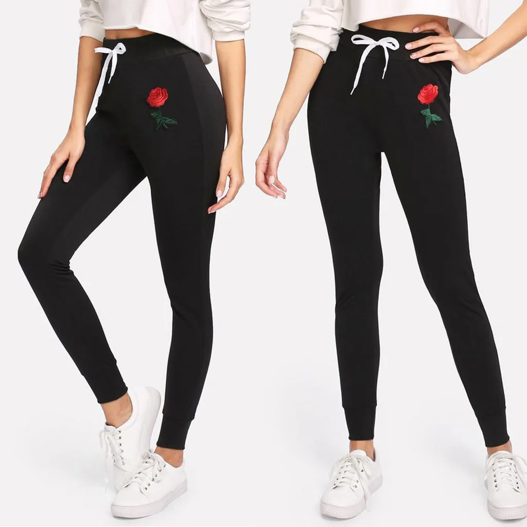Lace Up Leggings Womens Solid Sports Casual Joga Pants Flower Print