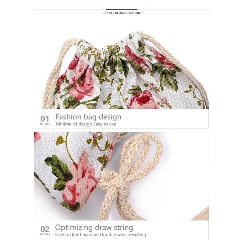 

Flower Print Drawstring Canvas Bag School Travel Adults Kids Sports Backpack