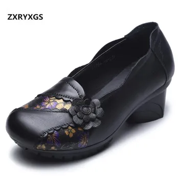 

2019 Newest Spring Ethnic Style Flower Genuine Leather Shoes Woman Comfort Breathable Women High Heel Shoes Non-slip Women Shoes