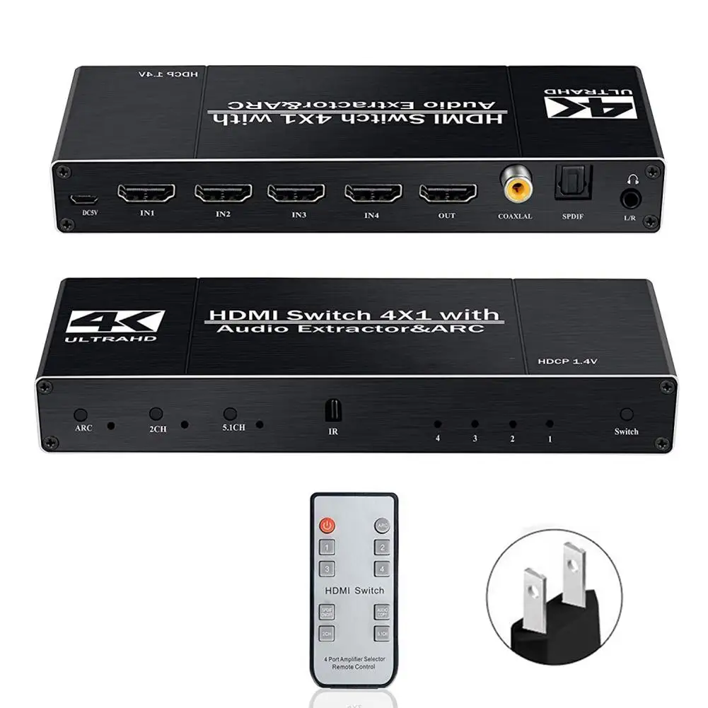 HDMI2.0 коммутатор 4 в 1 с аудио разделения Поддержка HDR10 ARC 4 k 60 hz Поддержка 5,1 канал HDCP 1,4 4K @ 60 Гц HDMI переключатель с пультом дистанционного
