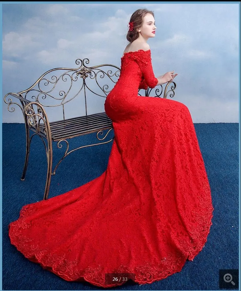 Новый Дизайн 2016 Русалка с красным кружевом свадебное платье с открытыми плечами бисером Свадебные платья суд поезд Chic платье невесты