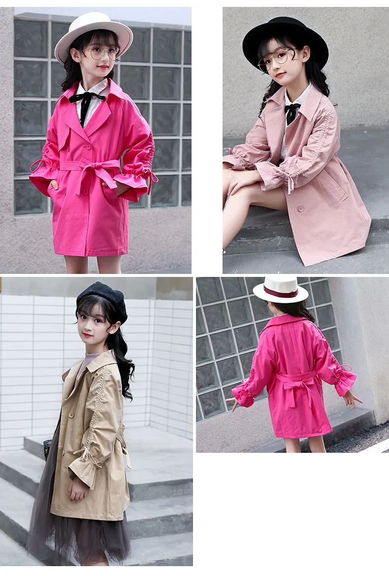 solid belt petal sleeve autumn coats kids clothes new 2018 autumn teenage girls long denim jackets children trench coat clothes  (18)